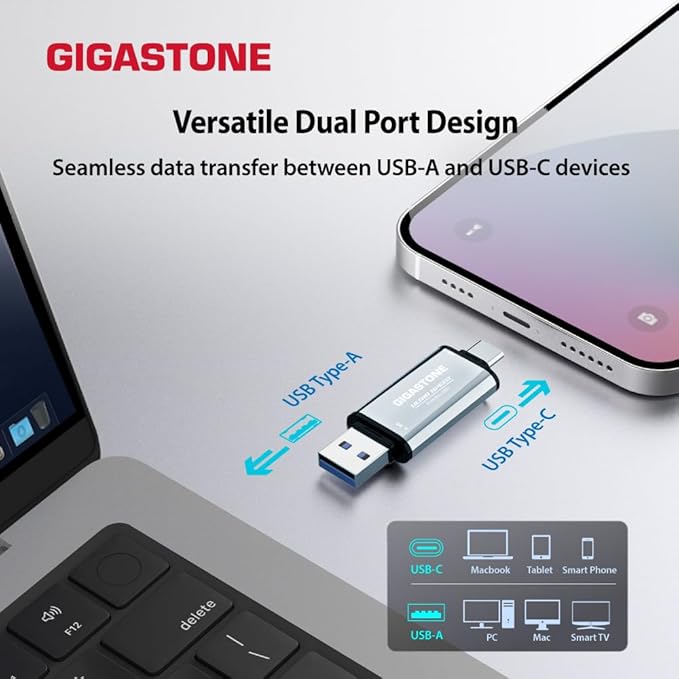 Gigastone Duo Go USB-A+C 1TB (2-Pack) Dual External Portable SSD 500MB/s Glossy Surface, Supports Apple 4K 60fps ProRes HDR Video Recording USB3.2 Gen 2 for iPhone 16 PS5 Mac iPad Laptop Android