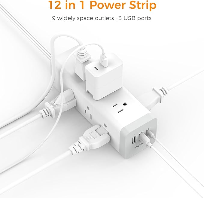 TESSAN Surge Protector Power Strip with USB, Ultra Thin Flat Plug 6 FT Extension Cord with 9 Outlets 3 USB(1 USB C), 1050 J Surge Protector Charging Station for Indoor,Office, Dorm Room Essentials