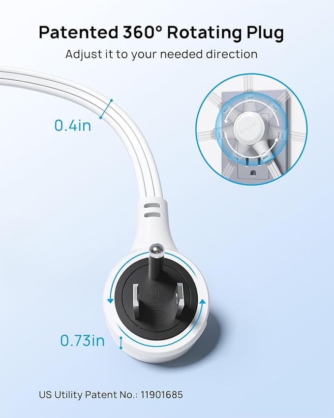 TROND Short Extension Cord 1.5ft with 360° Rotating Flat Plug, Low Profile Small Power Strip, Three Prong 3 Way Grounded Outlets, 13A, SPT 16/3 AWG Cable for Indoor Home Office Cruise Travel, White