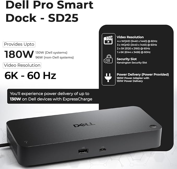 Dell Pro Smart Dock SD25 Bundle - 10Gbps, 3 Year Warranty, Supports Dual/Triple Monitors & 4K Displays with 180W Power Supply, HDMI, DisplayPort, USB C Cable, Cloth - Dell Docking Station