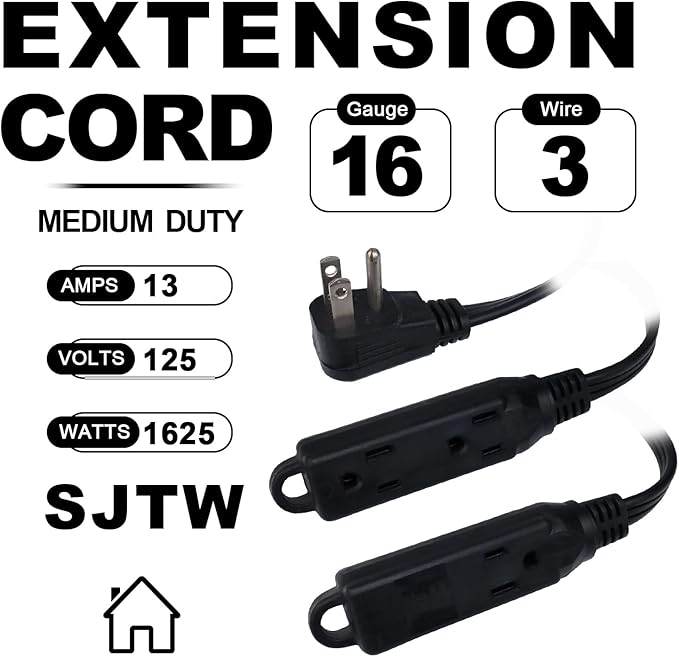 EP 1 Ft 3 Outlet Extension Cord with Flat Plug, 3 Prong Grounded, 16/3 SPT-3 Power Cable for Indoor Use, Black, 2 Pack