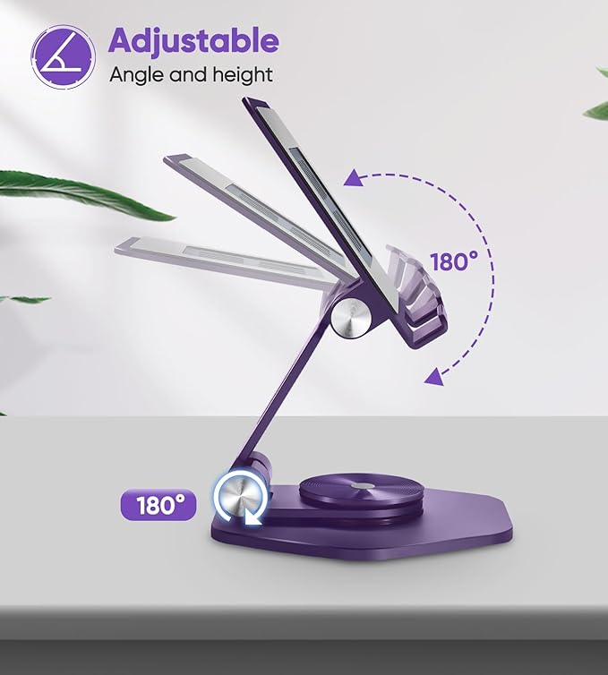 Foldable Aluminum Tablet Stand for Desk, 360° Swivel iPad & Tablet Holder – Portable & Stable Desktop Mount for 5–12.9in Devices, Purple