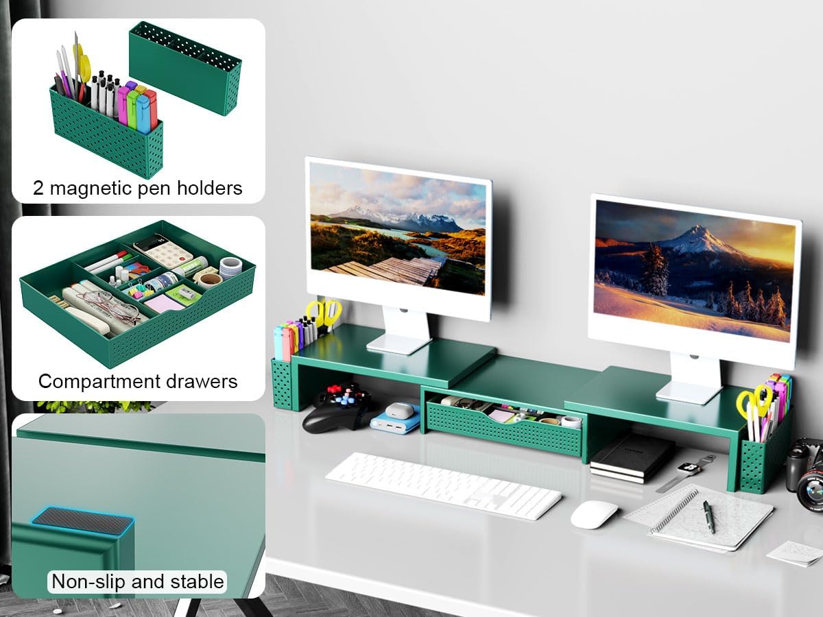Spacrea Metal Desk Organizers and Accessories, Dual Monitor Stand Riser with Drawer and 2 Pen Holders, Desk Accessories & Workspace Desktop Organizers for Office Supplies (Dark Gree)