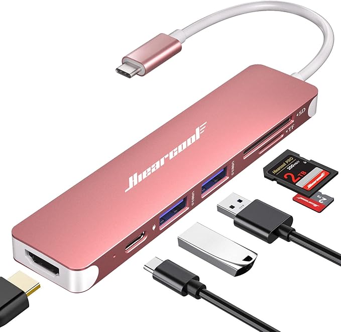 Hiearcool USB C Hub,USB-C Dongle,7IN1 USBC to HDMI Multple Adapter Compatible for MacBook Dell Lenovo Asus Thunderbolt 3 Thunderbolt 4 Type C Docking Station (HDMI USB3.0 TF/SD PD)-Rose Gold