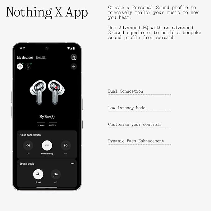 Nothing Ear (3) Wireless Earbuds Super Mic 45dB Hybrid Active Noise Cancelling Bluetooth Headphones Hi-Res 6 Mics, 12mm Dynamic Bass Boost, Dual Connect ANC Sport Ear Buds for iPhone Android, Black