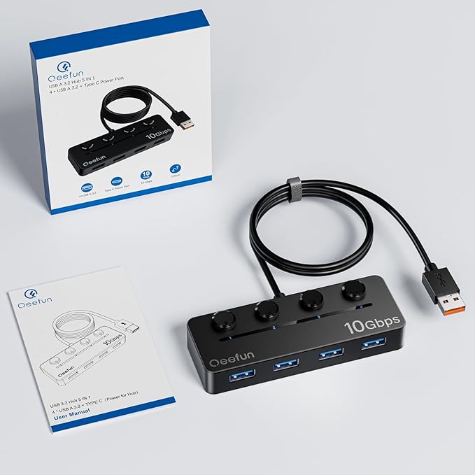 Qeefun 4-Port USB 3.2 Hub, Individual LED Power Switches, 10Gbps Data Transfer USB 3.2 Gen 2 Splitter with 4ft Extension Cable, Multiple USB Extender for Laptop, PC, iMac, USB Flash Drives and More