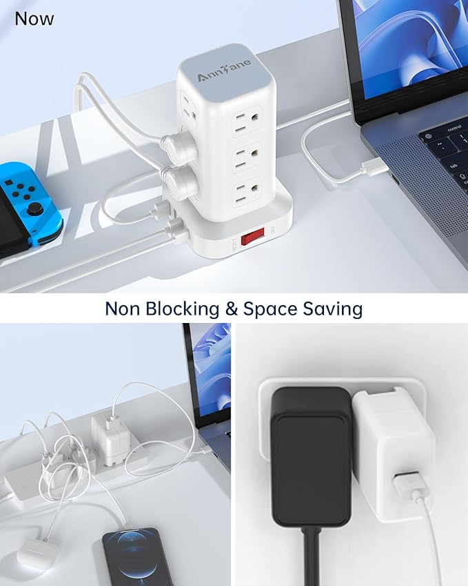 Surge Protector Power Strip 10 FT Cord, Power Strip Tower with 4 USB Ports (1USB C), Extension Cord with 12 AC Multiple Outlets, Home Office Supplies Desk Accessories, Dorm Room Essentials