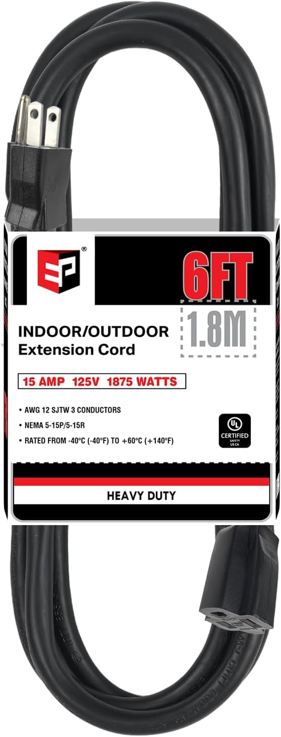 EP 6 Ft Outdoor Extension Cord - 12/3 SJTW Heavy Duty Black Extension Cable with 3 Prong Grounded Plug - Power Cord for Lawn, Garden, Appliances