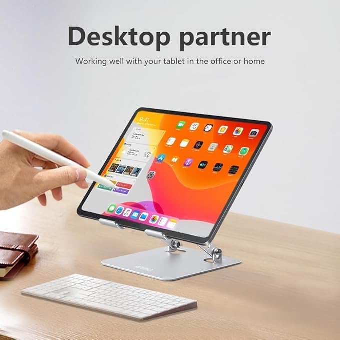 Tablet Stand Holder for Desk, Adjustable Desktop Tablet Holder, Foldable Aluminum Tablet Mount for iPad pro 11, iPad Air Mini, Samsung Galaxy Tabs Z Fold Kindle Fire 4-12 inch, Silver
