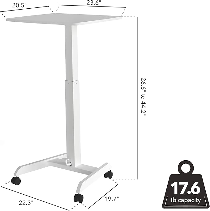 Mount-It! Adjustable Rolling Laptop Desk, Mobile Standing Desk with Wheels, Small Sit-Stand Computer Cart for Home, Office, or Classroom, 29.6–44.2" Height, 23.6"x20.5" Desktop, White