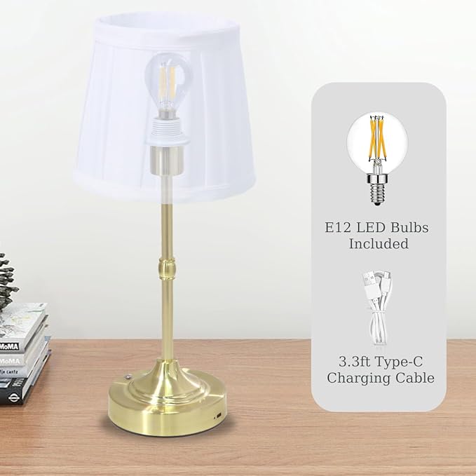 Cordless Lamp, Rechargeable Battery-Operated Lamp with Fabric Lampshades, 2 Pack Dimmable Desk Lamps for Kitchen, Bedroom, Living Room, Nightstand, Balcony, Home Décor (Gold-Pleated)