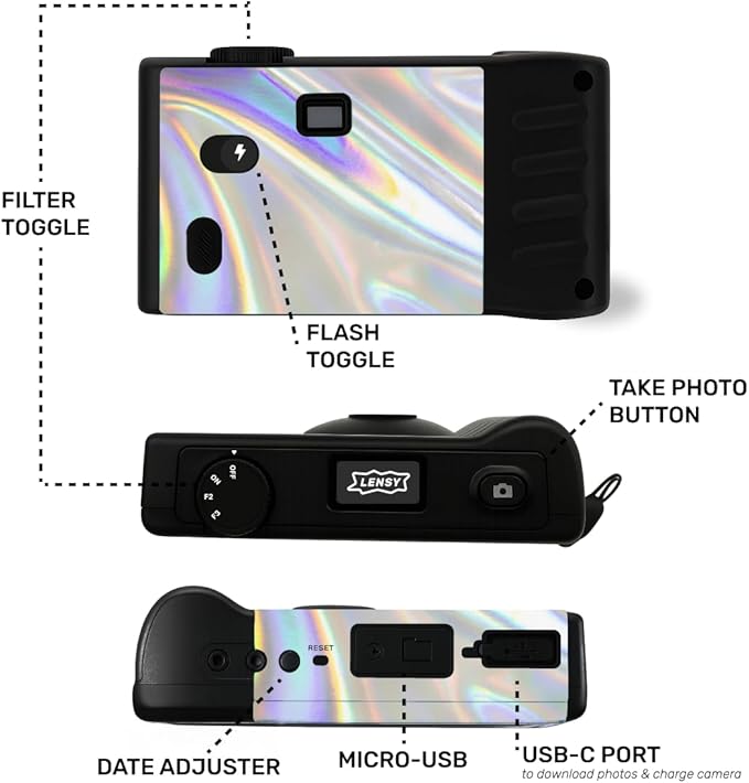 LENSY Screen Free Digital Camera | Four Built in Filters | Rechargeable, 8mp, Lightweight, Focus-Free, Auto-Flash, Easy-to-Use, Reusable, Retro Film-Style Photos (Holographic)