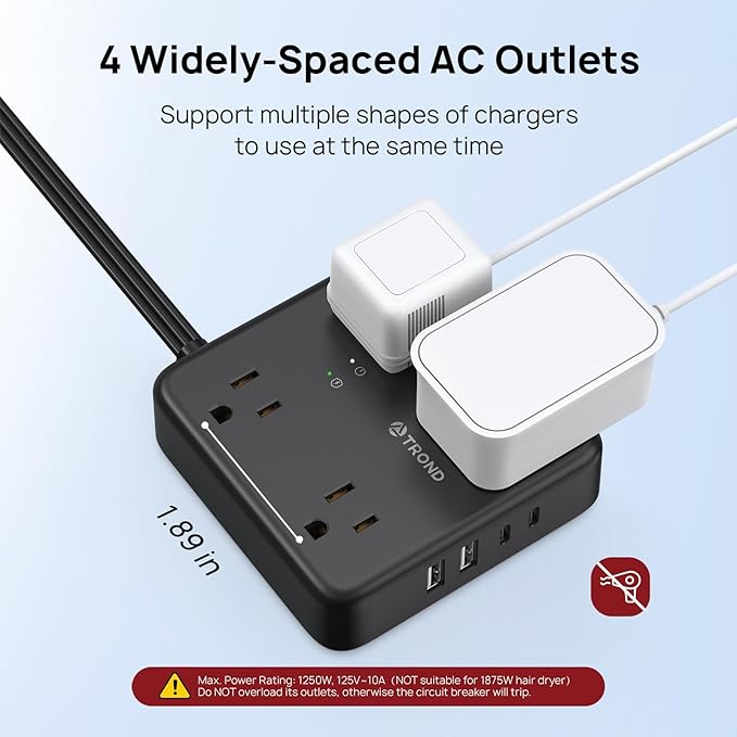 TROND Surge Protector Power Strip with USB Ports, 5ft Flat Plug Extension Cord with Multiple Outlets, 1440J, Wall Mount for Home Office Dorm Room Essentials, Black