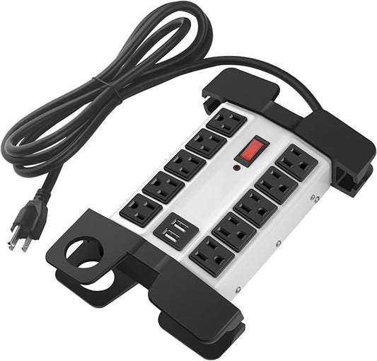 CCCEI Heavy Duty Power Strip with USB Ports, Garage 10 Outlets Surge Protector 2700 Joules, Industrial Workshop Metal 15Amp Multiple Outlets, 6 FT Extension Cord and Wide Spaced Grey.