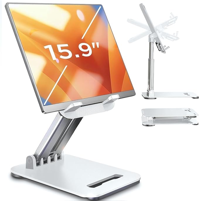 LISEN Tablet Stand for iPad Stand Holder Desk, Foldable Home Office Desk Accessories Travel for iPad Holder Dorm College Essentials Portable Monitor Stand Fits Tabs Kindle iPhone 4-15.9" White