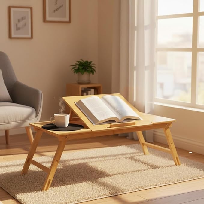 WoodNest -Bamboo Lap Desk, Laptop Desk, Portable Workstation, Adjustable Height Angle, Foldable Tray for Couch Bed Floor, Drawer with Magnetic Closure, Mouse Pad, Phone Slot, Leather Handle.