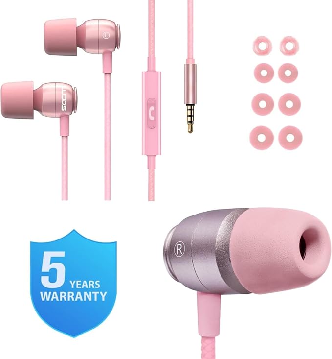 LUDOS Clamor Wired Earbuds in-Ear Headphones, 5 Years Warranty, Earphones with Microphone, Noise Isolating Ear Buds, Memory Foam for iPhone, Samsung, School Students, Kids, Women, Small Ears - Pink