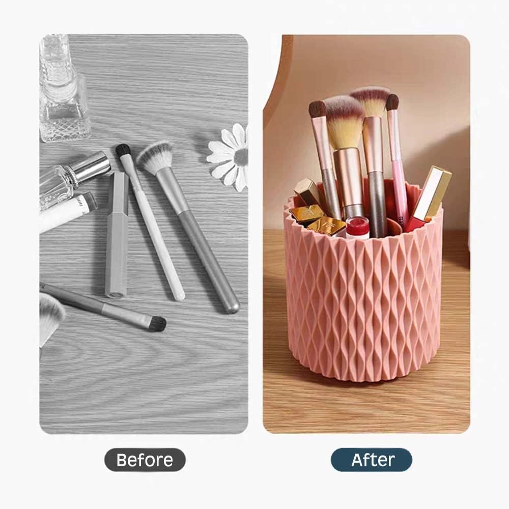 OWLFAVO Rotate Desk Organizer, Spinning Makeup Brush Holder, Pen Holder Stationery, 360-Degree Pencil Accessories Storage Caddy Tray for Beauty, College, Home, Office, 5 Compartments, Pink