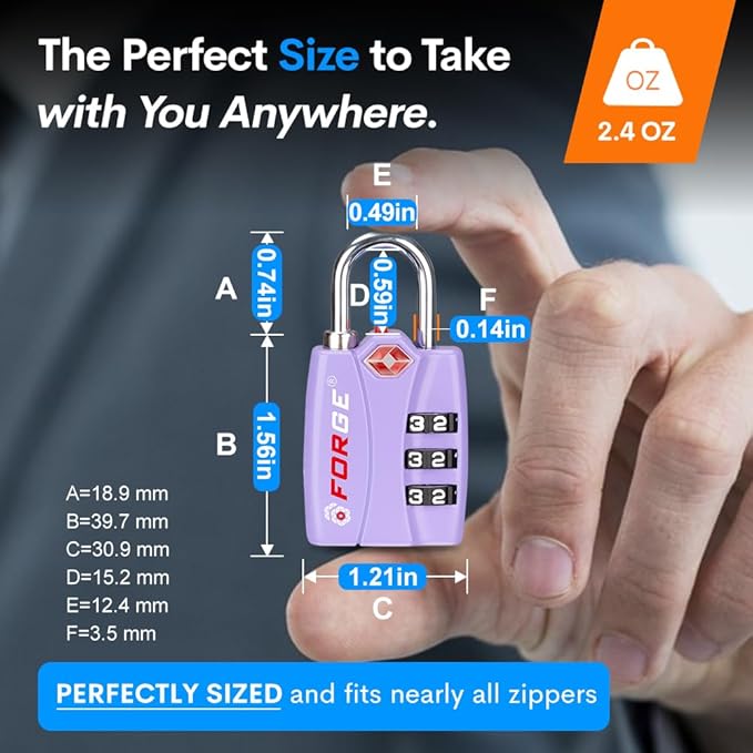 Forge Luggage Locks TSA Approved 2 Pack Purple, Small Combination Lock with Zinc Alloy Body, Open Alert, Easy Read Dials, for Travel Suitcase, Bag, Backpack, Lockers.