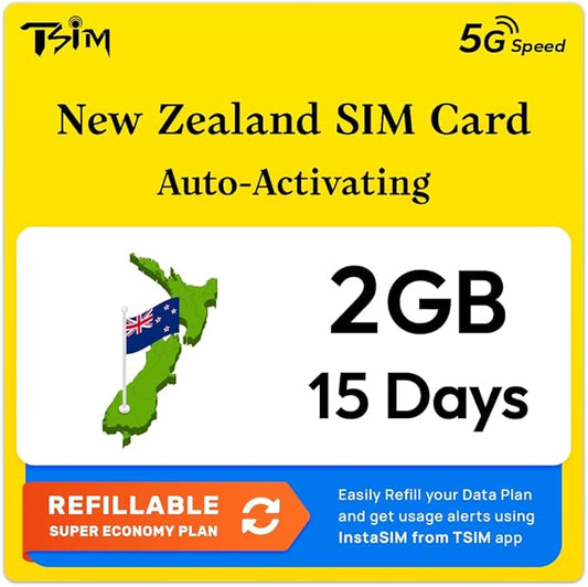 New Zealand SIM Card | 2GB Super Economy Refillable Plan! Auto Activating 15 Day Validity | 5G Speed + Hotspot | Data-Only No Phone Number