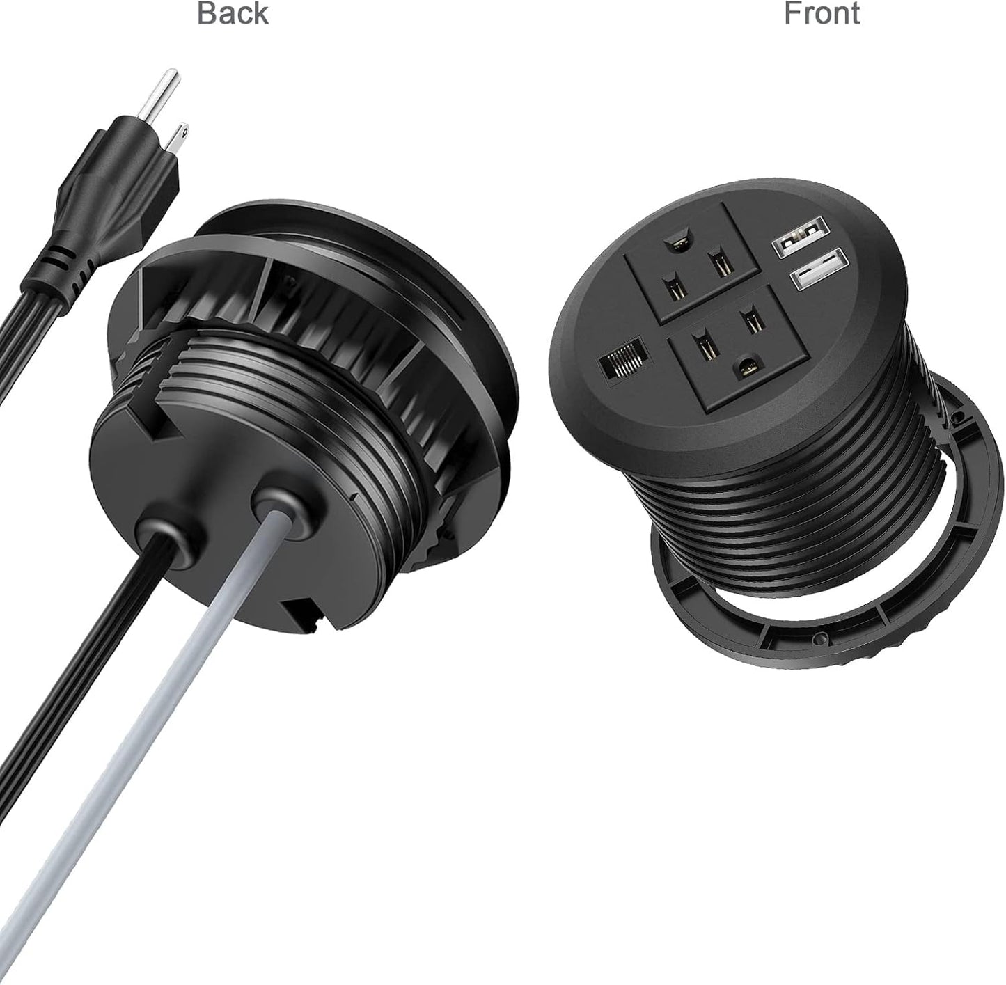 Power Grommet 3 Inch for Desktop, Recessed Desk Outlet with 2USB, 2 AC, 1 Network RJ45 Port & 10Ft Cord, Flush Mount Power Strip Table Power Hub for Countertop, Office, Furniture(Black)
