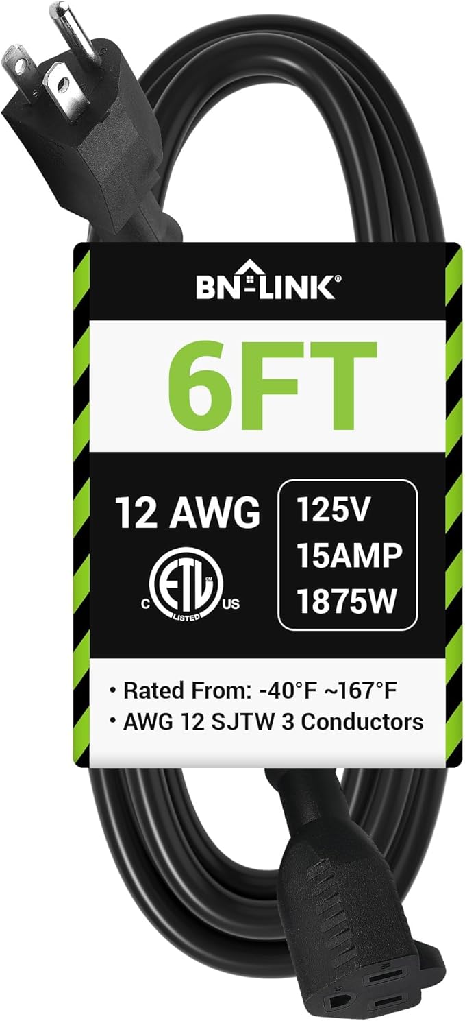 BN-LINK 6ft Outdoor Extension Cord, 12/3 SJTW Heavy Duty Power Cord, 3-Prong Grounded Plug, Weather Resistant, 15A, 1875W, Black, for Lawn, Garden, Appliances, ETL Listed