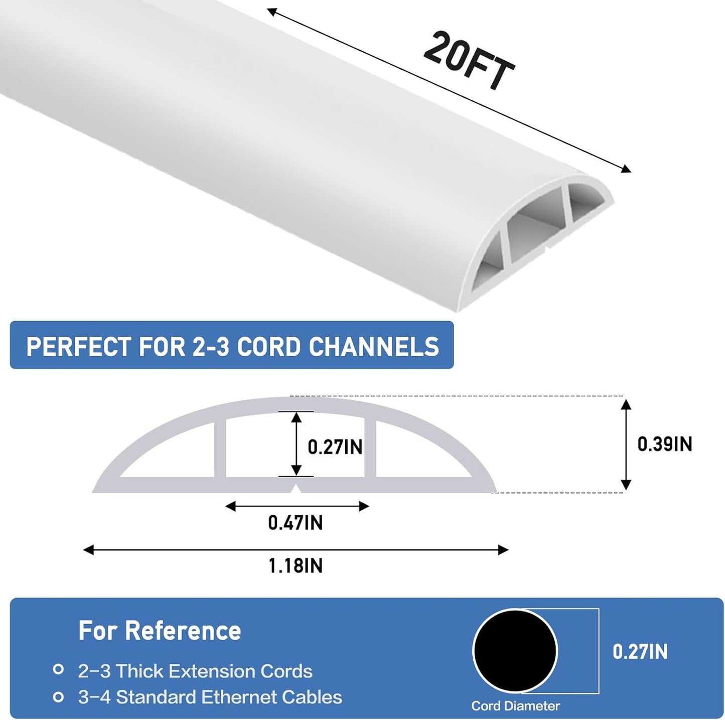 Floor Cord Cover Self Adhesive Cord Hider Floor Extension Cord Covers for Floor Power Cord Protector Cable Management Prevent Cable Trips Cable Cavity 0.47" W x 0.27" H (White, 20Ft)
