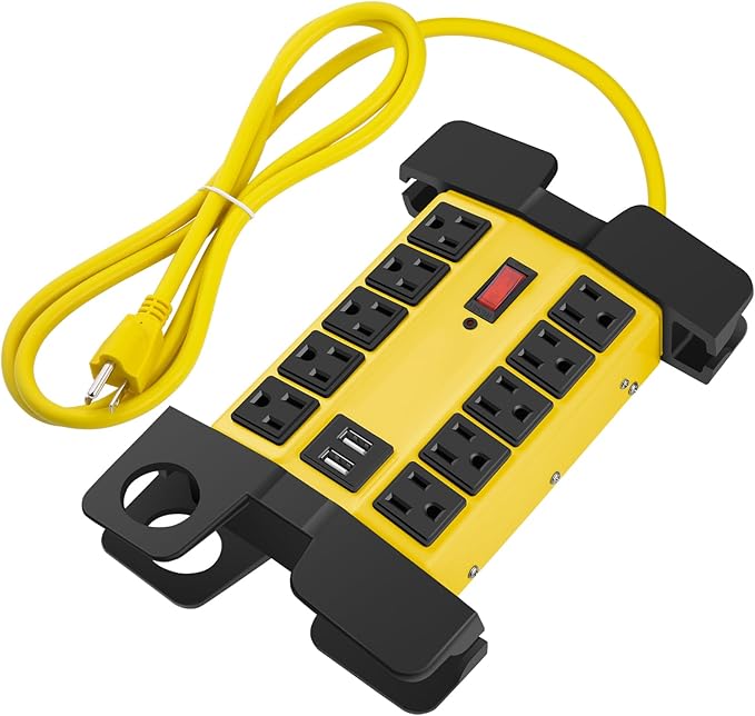 CCCEI Heavy Duty Power Strip with USB Ports, Garage 15 Outlets Surge Protector 2700 Joules, Industrial Workshop Metal 15Amp Multiple Outlets, 10 FT Extension Cord and Wide Spaced Yellow.