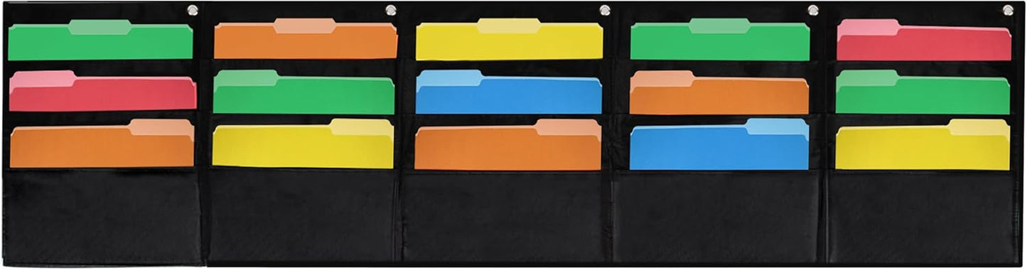 Essex Wares - 15 Pocket Horizontal File Hanging Paper Organizer for Letter Documents, Black, 68.4" Wide x 18.6" - Hanging Pocket File Organizer - Black Pocket Chart for Classroom & Office - 15 Pockets