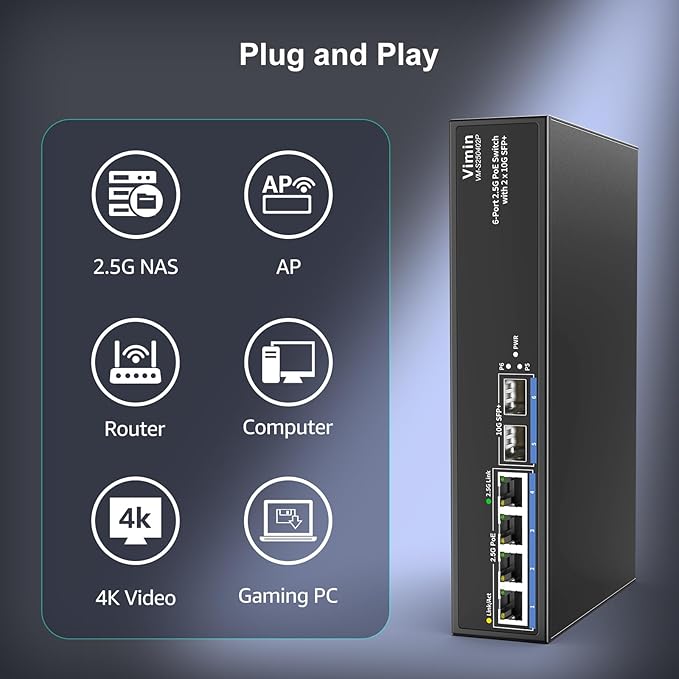6-Port 2.5G PoE Switch Unmanaged, 4X 2.5GBase-T PoE Ports, 2X 10Gbps SFP, 4 Port PoE Switch 60Gbps Switching Capacity, Support IEEE802.3af/at, Metal Housing, Fanless, Desktop/Wall Mount 2.5Gbe Switch