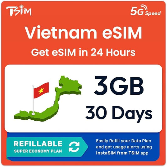 Vietnam eSIM | 3GB Super Economy Refillable Plan! QR Code Sent via Email in 24Hrs - Scan & Use Immediately | Auto Activating 30 Day Validity | Hotspot Allowed | Data-Only No Phone Number