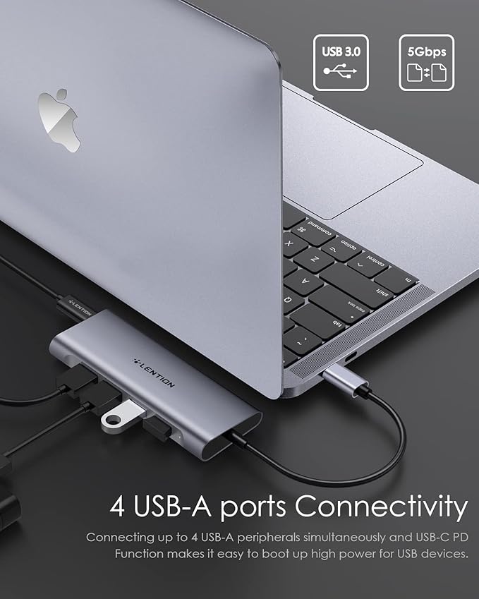LENTION USB-C Multi-Port Hub with 4K HDMI Output, 100W PD, 4 USB 3.0 5Gbps Compatible 2024-2016 MacBook Pro, New Mac Air & Surface, Chromebook, iPhone 15, More, Stable Driver Adapter (C35, Space Gray)
