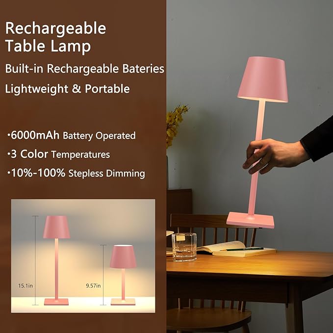 Pink Cordless Table Lamp Set of 2 for Patio Restaurant Home Dinner Dining