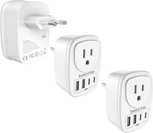 2 Pack Type C European Plug Adapter, VooLerTun Germany Travel Plug Adapter with 4 USB Charger Ports, 1 American Outlet Adapter. US Converter for EU France Denmark Norway Brazil Travel Essential