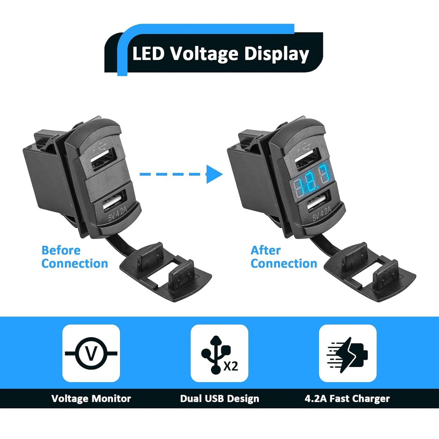 Wsays Dual USB Rocker Switch 12v Charger/Outlet with LED Voltmeter Display Plug & Play Compatible with Polaris RZR Ranger General