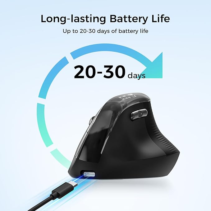Wireless Ergonomic Mouse, Vertical Ergo Mouse with OLED Screen, Quiet Click, Rechargeable, Wired/Bluetooth/2.4GHz, 5 Adijustable DPI 800-6400 for Laptop, PC, Desktop, Computer, Black