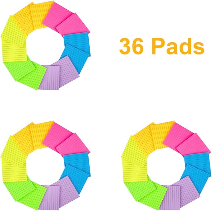 (36 Pads) Lined Sticky Notes 4x4 in, 6 Bright Colors Self-Stick Note Pads, Strong Adhesive, 47 Sheets/Pad