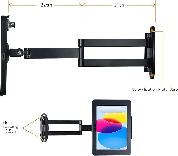 Tablet Wall Mount Bracket with fold for 2025 iPad 11" (A16) 11th/ 2022 iPad 10.9" 10th Gen.,Excluding Other 10.9"/ 11",Extend Adjustable Arm with Lock & Key,Multi Angle,Rotate,Metal(Black)