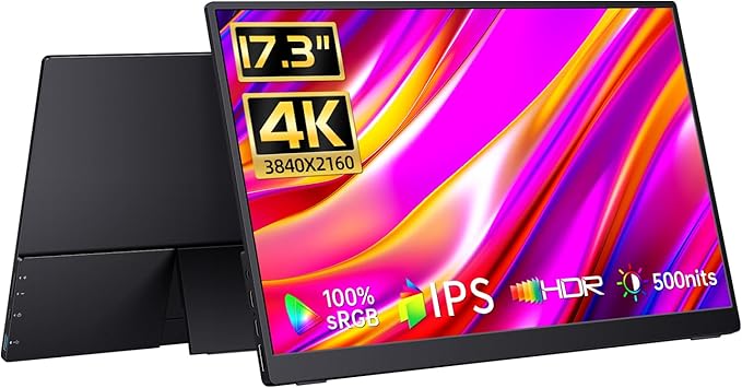 17.3" Portable Monitor 4K, 500 Nits 3840 * 2160p 100% Adobe RGB Travel Monitor with Bulit-in Kickstand & Speakers, Portable Computer Monitor, External Monitors for Laptop PC Xbox Switch PS4/5