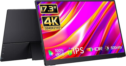 17.3" Portable Monitor 4K, 500 Nits 3840 * 2160p 100% Adobe RGB Travel Monitor with Bulit-in Kickstand & Speakers, Portable Computer Monitor, External Monitors for Laptop PC Xbox Switch PS4/5
