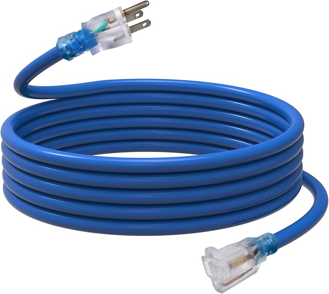 EP 15 Ft Outdoor Extension Cord, 12/3 SJTW Heavy Duty Waterproof Power Cable, 3 Prong Grounded Plug, Lighted End, for Lawn, Garden, Appliances, Blue