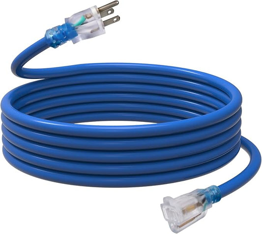 EP 15 Ft Outdoor Extension Cord, 12/3 SJTW Heavy Duty Waterproof Power Cable, 3 Prong Grounded Plug, Lighted End, for Lawn, Garden, Appliances, Blue