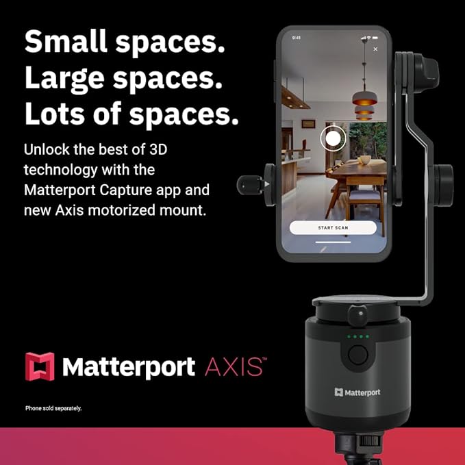Matterport Axis Gimbal Stabilizer for Smartphone Camera - Motorized Rotating Mount for Professional 3D 360 Photo Scans Includes Portable Tripod, Remote and 12 Month Starter Kit for 3D Model Scans