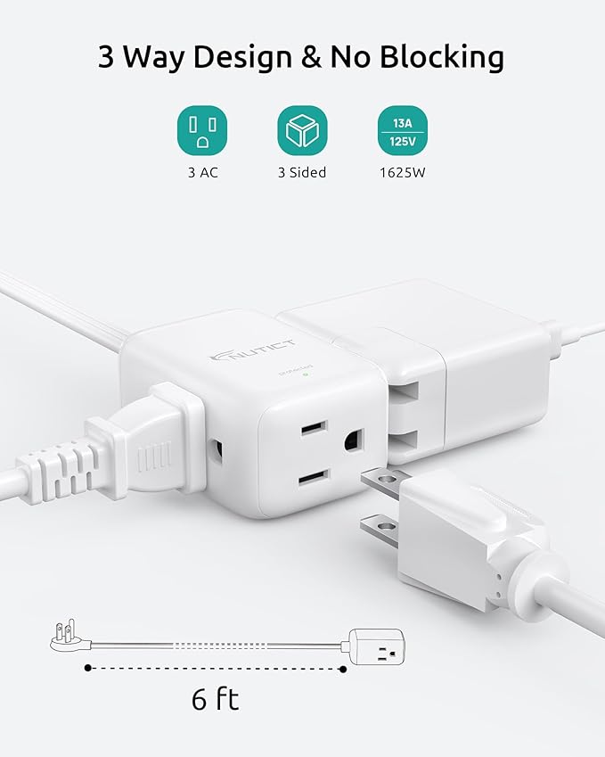 Flat Extension Cord 6ft, ETL Listed, NUTICT Indoor 3 Prong Cord Extension, 900J Surge Protector, 13A/1625W, Right Angle Flat Wall Plug, 3 Way Small Outlet Extender for Kitchen Home Office, White