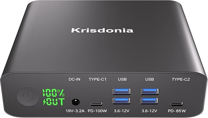 Krisdonia PD 100W Power Bank, 32000mAh Portable Laptop Charger [PD 3.0 100W & 65W Dual USB-C Ports + Quick Charge QC 3.0 Four Ports] for MacBook, Dell, HP, iPad, iPhone, Samsung, Switch and More