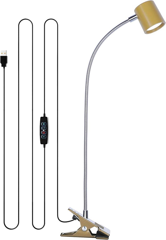 Dott Arts Desk Lamp,USB Clip On Light with 3 Color Modes,LED 10 Levels Brightness Reading Lamp, 360° Gooseneck Book Light,Eye-Care Reading Light for Home Office,Headboards Gold, DA-3.5W-01