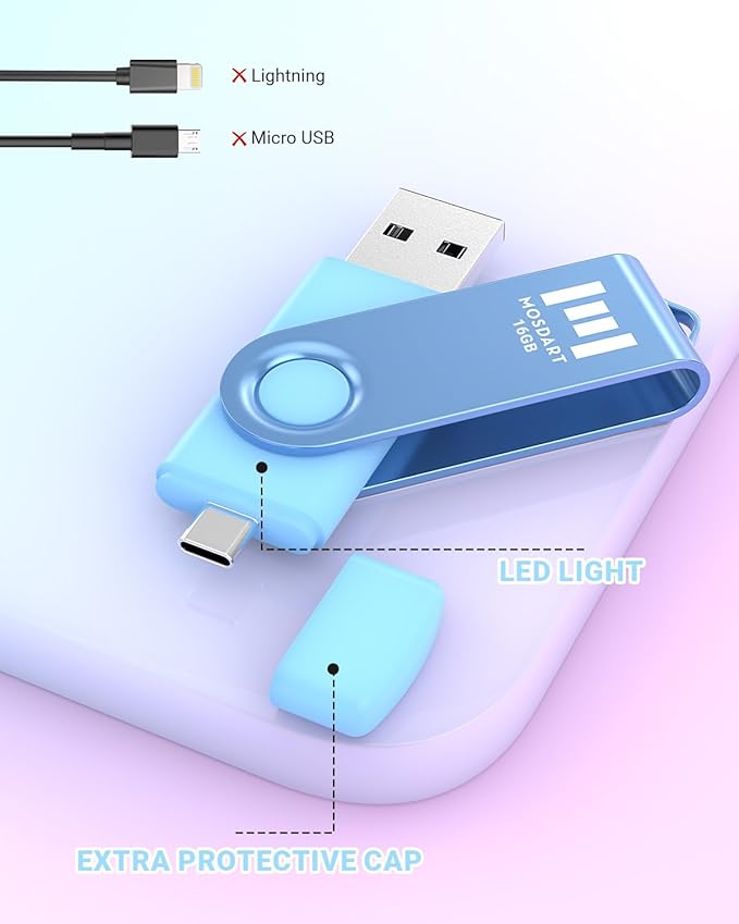 MOSDART 16GB Dual USB C Flash Drive, Type C and USB A 2.0 Thumb Drive, FAT32 Memory Stick for iPhone 15 and 16, Android Phone, iPad, MacBook and Laptops, Vibrant Colors (Pack of 5)