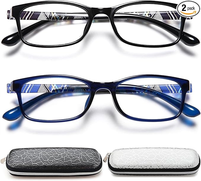 EYEURL Black Computer Reading Glasses 2 Pair Blue Light Blocking 1.75 Magnification Stylish Readers for Women Men Rectangular Frame Transparent Lens and Hard Case
