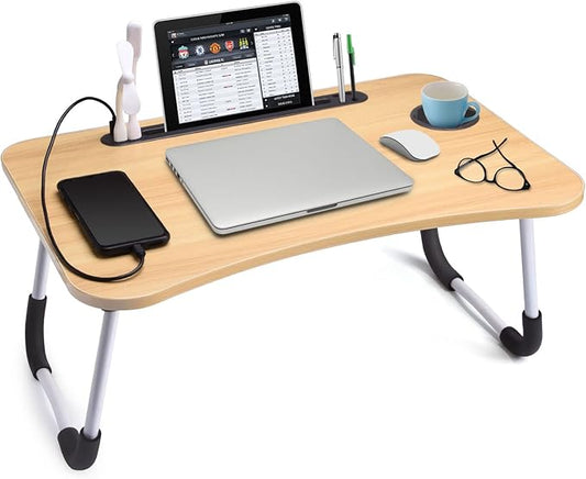 Slendor Lap Desk with Cup Holder, Foldable Laptop Table for Bed, Portable Bed Desk for Laptop and Writing, Computer Tray with Tablet Slot, Notebook Stand Reading Holder for Couch Sofa Floor,Walnut