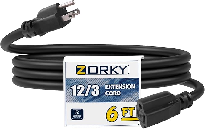 6ft Indoor Outdoor Extension Cord - 12/3 SJTW Heavy Duty Extension Cable with 3 Prong Grounded Plug for Safety -15Amp 1875W Black Electric Cord Great for Garden, Appliances